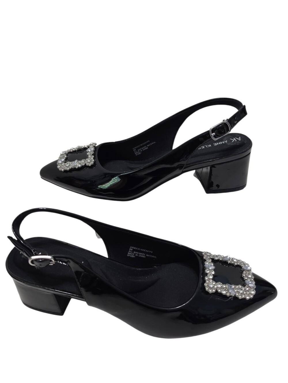 Anne Klein Black Ehinestone Slingback Block-Heels Coquette Pump Sz 8